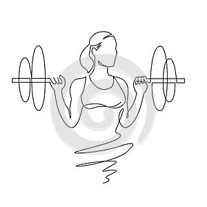 Woman lifting weights continuous one line drawing. Female bodybuilder vector hand drawn