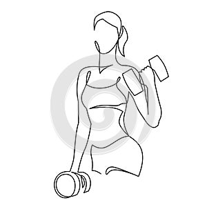 Woman lifting weights continuous one line drawing. Female bodybuilder vector hand drawn