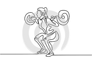 Woman lifting weights continuous one line drawing. Gym training illustration. Female bodybuilder vector hand drawn silhouette