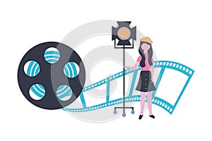 Woman with light reel strip production movie film