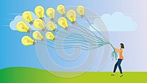 Woman with lightbulbs, looking like balloons. Vector illustration.