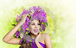 Woman Lilac Flower, Fashion Girl Beauty Makeup Portrait photo