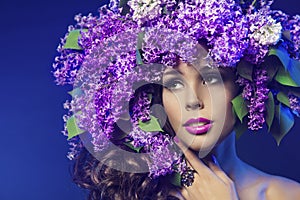 Woman Lilac Flower, Fashion Model Beauty Makeup Portrait