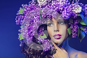 Woman Lilac Flower, Fashion Model Beauty Makeup Portrait photo