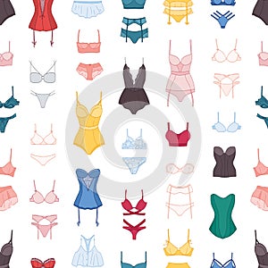 Woman lingerie vector seamless pattern. Erotic female bras and panties on white background. Various colorful underwear photo