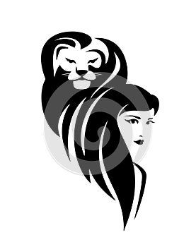 Woman and lion head black and white vector outline portrait