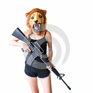 woman with lion mask hold m16 gun