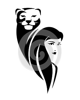 Woman and lioness head black and white vector portrait
