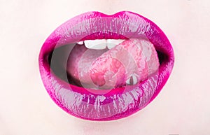 Woman lip, female lips. Tongue and sexy mouth. Beautiful lip, lipstick and lipgloss, passionate. Sexy lips, tongue out