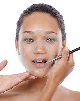 Woman, lip gloss and makeup application in portrait, cosmetics and beauty tools or equipment. Female model person