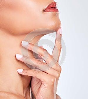 Woman, lips and beauty profile closeup with makeup, face and lipstick in studio. Mouth, skincare and hands of a female