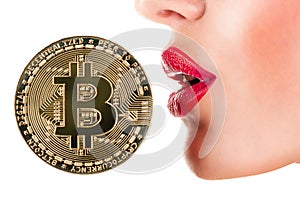 Woman lips with bitcoin closeup