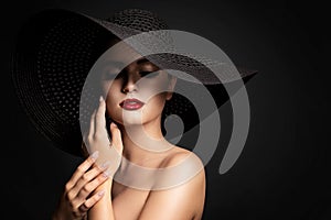 Woman lips and Black Hat, Fashion Model Beauty Portrait, Elegant Lady in Wide Brim Hat