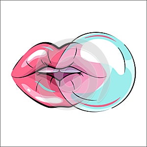 Woman lips with bubble gum