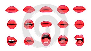 Woman lips. Female plump mouth with glossy lipstick, girl sexy impudent smile kiss lip makeup flat cartoon style. Vector