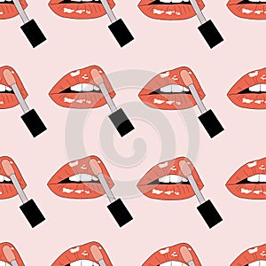 Woman lips and lipstick seamless pattern on pink background