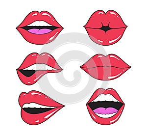 Woman lips with smile, kiss. Mouths collection of girl retro style for comic book. Female open mouth with teeth. Sticker lip shape