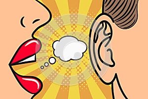 Woman lips whispering in mans ear with speech bubble. Pop Art style, comic book illustration. Gossip and secrets concept.