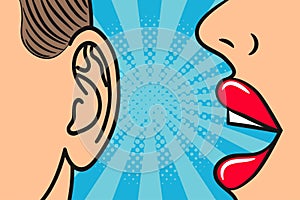 Woman lips whispering in mans ear with speech bubble. Pop Art style, comic book illustration. Secrets and gossip concept.