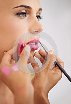 Woman, lipstick and makeup artist for beauty application for professional treatment or cosmetic, product or brush