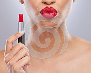 Woman, lipstick and studio with closeup, mouth and pout for cosmetic or makeup. Cosmetology, face or skincare for facial