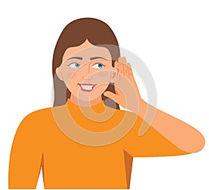 Woman listen by ear with making a gesture with hand, Vector illustration