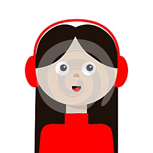 Woman listen to music. Young girl face. Earphones, headphones. Brunette lady, female. Social networks avatar. Business activities