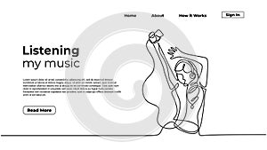 Woman listening music, continuous one line drawing. Vector illustration cheerful girl hearing entertainment audio. Landing page