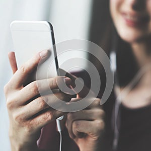 Woman Listening Music Media Entertainment Relaxation Concept