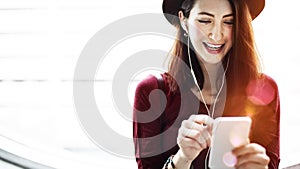 Woman Listening Music Media Entertainment Relaxation Concept