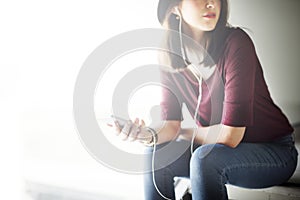 Woman Listening Music Media Entertainment Relaxation Concept