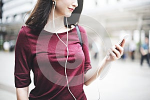 Woman Listening Music Media Entertainment Walking Concept