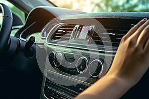 Woman listening radio while driving. Generate Ai