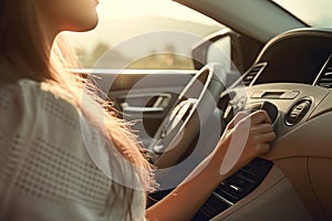 Woman listening radio while driving in morning. Generate Ai