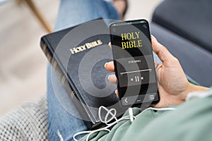 Woman Listening To Bible Audiobook