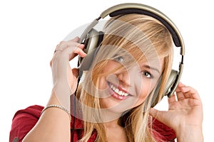 Woman listening to music smiling