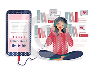 A woman listens to an audiobook. The concept of online learning. Electronic library. Vector illustration