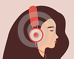 Woman listens to music in big headphones. Side view character of teenage girl wearing earphones.