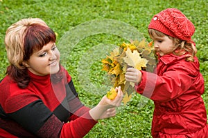 Woman and little girl collect maple leafs In park