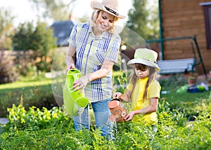 Woman with little girl watering plants in garden