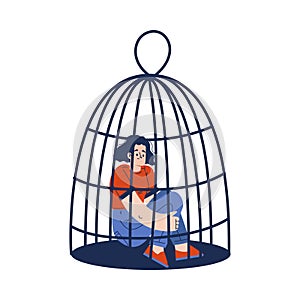 Woman Locked in Cage Sitting Behind Bars Vector Illustration