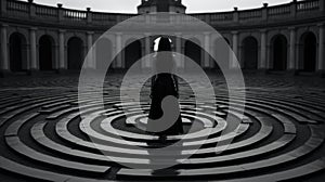 A woman in a long black dress standing in a circular maze. Generative AI image.