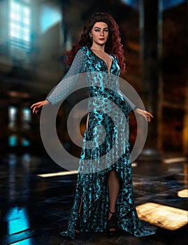 Woman in long blue dress on stage