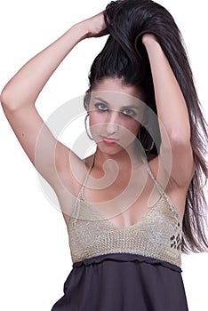 Woman with long brunette hair wear decollete dress photo