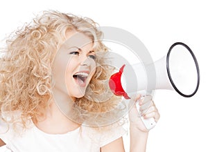 Woman with long curly hair holding megaphone