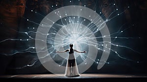 Woman in a long dress with arms outstretched emitting glowing lights