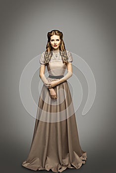 Woman Long Dress, Fashion Model in Historical Gown Gray