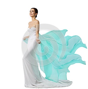 Woman Long Dress, Fashion Model in White Silk Gown, Waving Flying Fabric