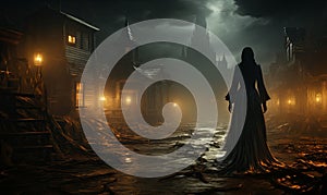 Woman in Long Dress Standing in Dark Alley