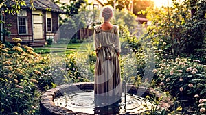 Woman in long dress is standing in garden with fountain. Generative AI